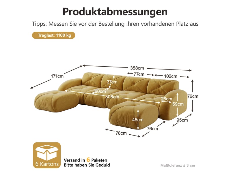  Canapé modulable en u 4 places jaune en tissu, avec 2 poufs, sans montage, idéal pour le salon familial  - Conforama C