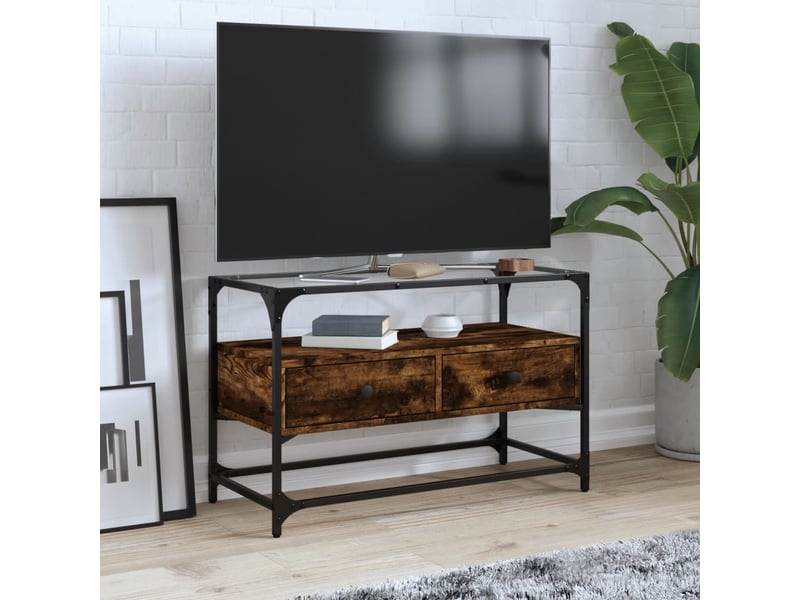  Meuble tv - banc tv - meuble de rangement avec dessus en verre chêne fumé bois d'ingénierie  - Conforama B