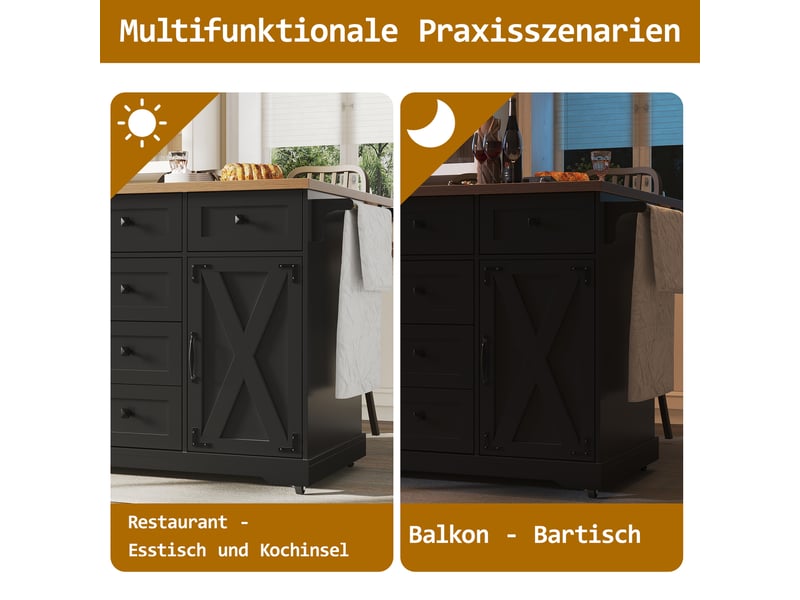 Desserte de cuisine pliante mobile avec plateau extensible et rangement, en mdf et métal noir pour salle à manger - Conforama C