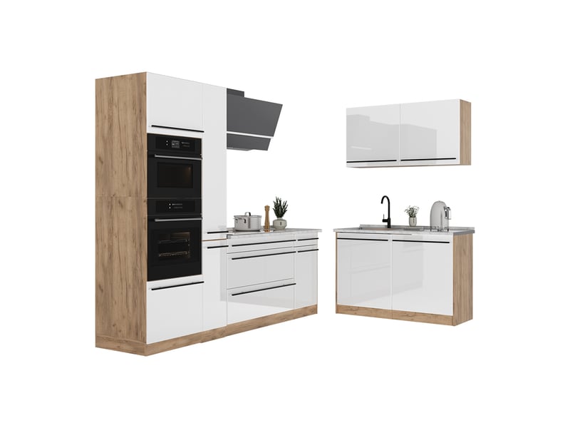  Vicco cuisine en angle, blanc haute brillancechêne doré, 230 x 120 cm plan de travail marbre  - Conforama E