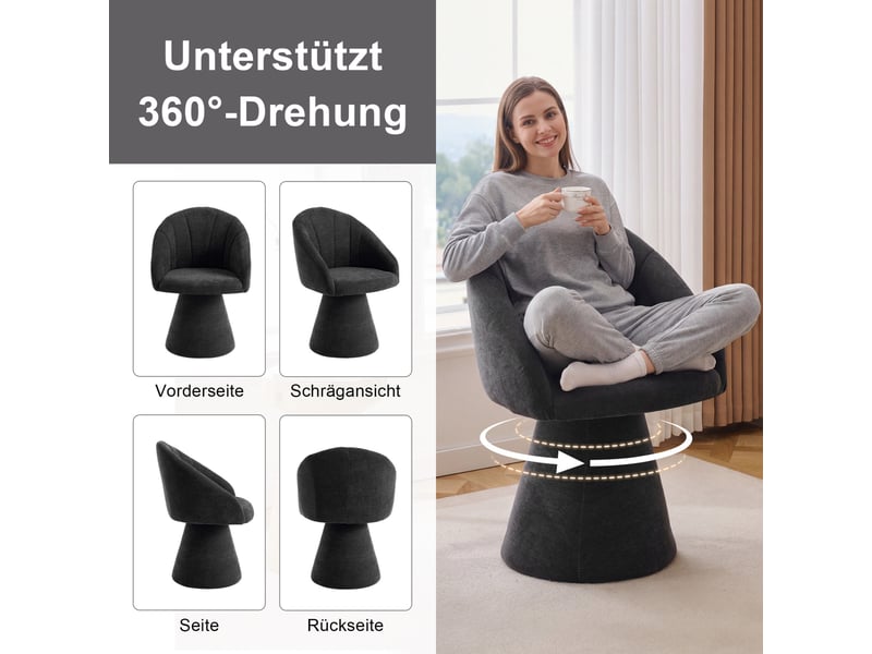  Fauteuil de table pivotant 360°  56x57x80cm - avec dossier rond ergonomique et base conique rembourrée - chenille - noir  - Conforama E
