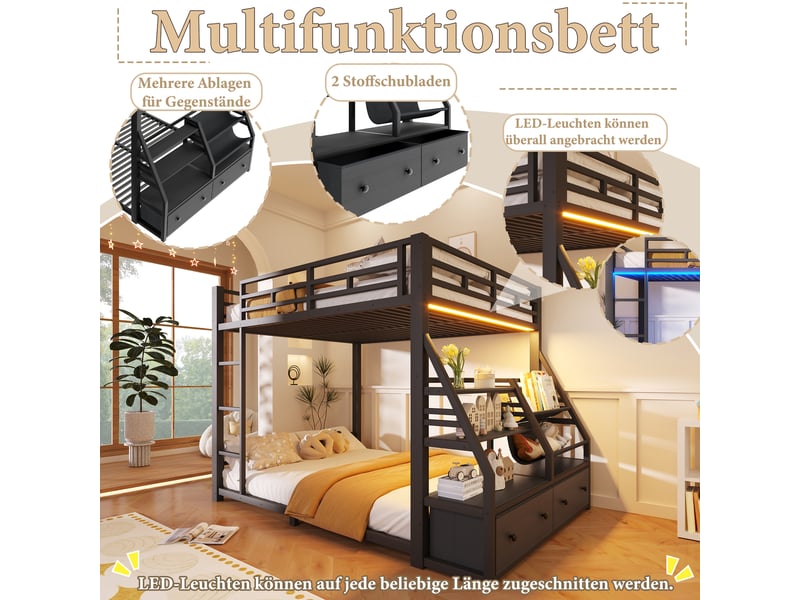  Lit superposé 4 places 140×200 cm, led, 2 tiroirs et étagères - sans matelas, bois et métal - noir  - Conforama E