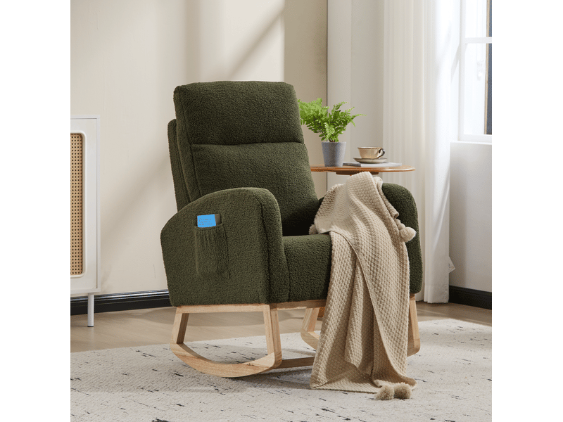  Fauteuil à bascule modenvie à dossier haut 75 x 63 x 104 cm en tissu teddy vert avec poche latérale  - Conforama D