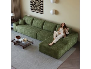 Canapé d'angle modulable 340cm vert en velours côtelé avec méridienne en l 4 places