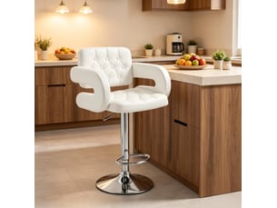 Tabouret de bar réglable avec accoudoirs, dossier et repose-pieds en métal et revêtement synthétique blanc