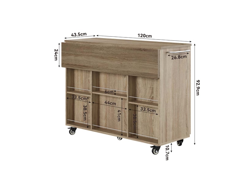 Desserte de cuisine mobile avec plan de travail rabattable et rangement - lpospi - 5 roulettes, mdf chêne sonoma - Conforama D