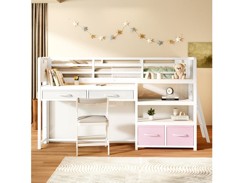  Lit mezzanine 140x200 cm blanc avec bureau, rangements et éclairage led  - Conforama D