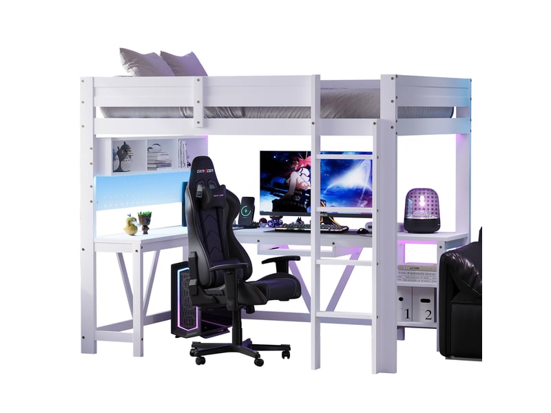  Lit mezzanine gaming 90x200 cm blanc, avec bureau, rangements, led 7 couleurs, 2 prises, 2 usb, sommier inclus, sans matelas  - Conforama A