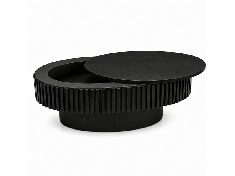  Table basse ulevr ovale avec rangement caché, 98 x 60 x 35 cm, mdf plaqué bois, noir mat, plateau amovible  - Conforama A