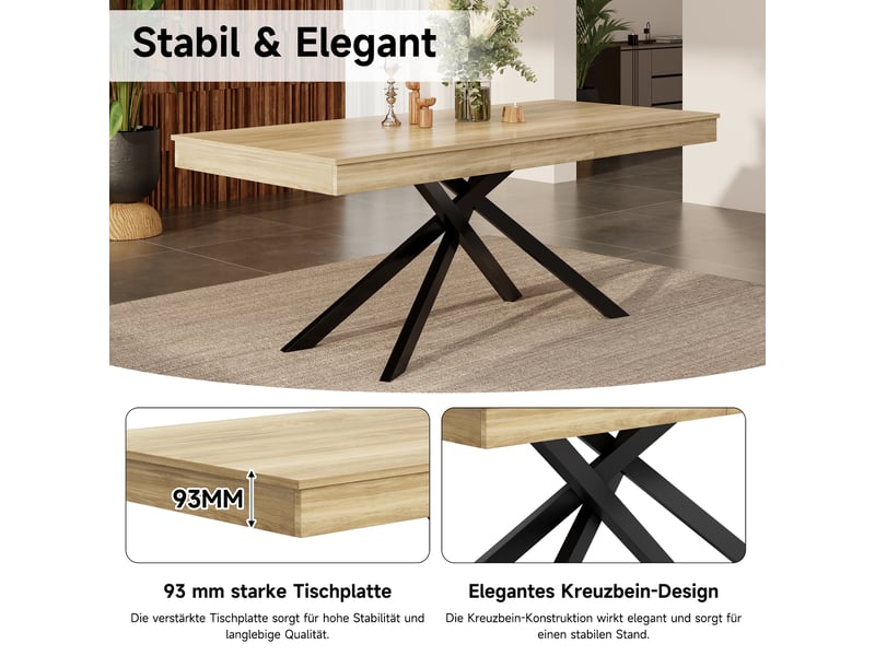 Table à manger extensible, chêne, 140180 × 80 cm, 6-8 personnes, plateau épais, pieds métal - Conforama E