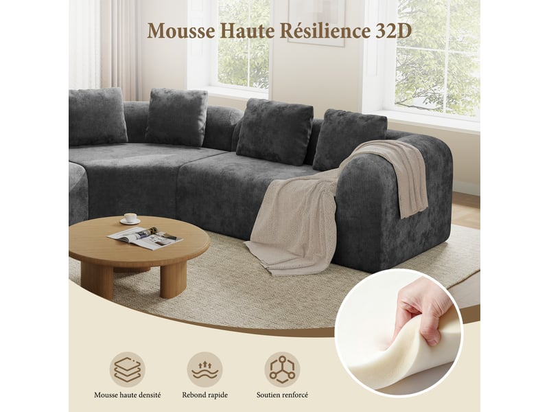 Canapé d'angle incurvé 3 places en tissu chenille premium,canapé compressé sans montage,mousse haute résilience,gris 326x97x66CM - Conforama C