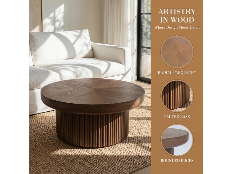  Table basse ronde à plateau épais 8 cm et base cannelée pour salon en bois massif et mdf noyer  - Conforama C
