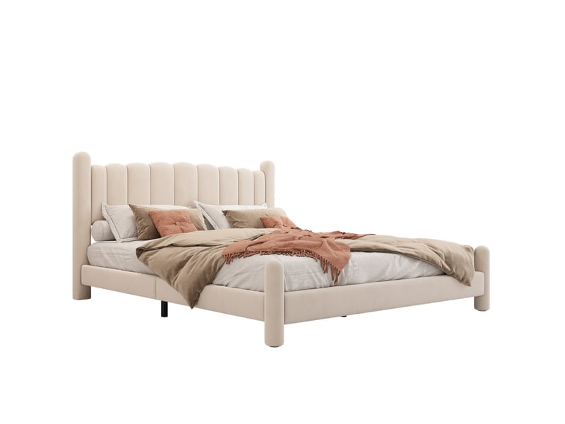  Lit adulte 180x200 cm en velours beige avec tête de lit et sommier à lattes  - Conforama A