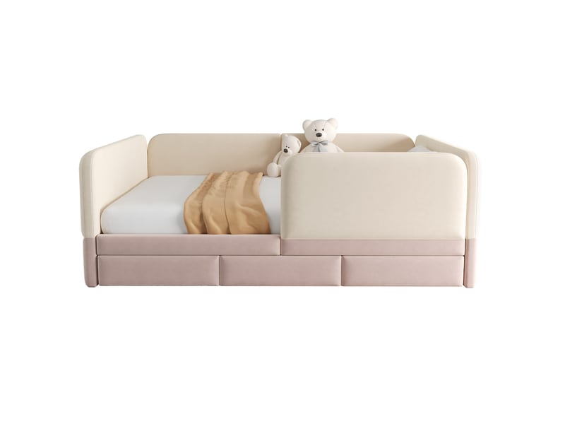  Lit enfant 140x200 cm - 3 tiroirs de rangement - lit 2 places rembourré en velours - rose  - Conforama A