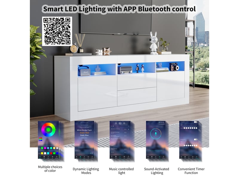  Meuble tv haute 160x35x60 cm avec éclairage led, 2 portes, 3 compartiments ouverts, 2 tiroirs, commande par application intelligente  - Conforama A