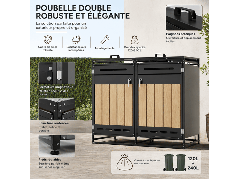  Coffre de jardin en fer avec couvercle hydraulique bardage aspect bois vertical ventilation à fentes longues et serrure  - Conforama D