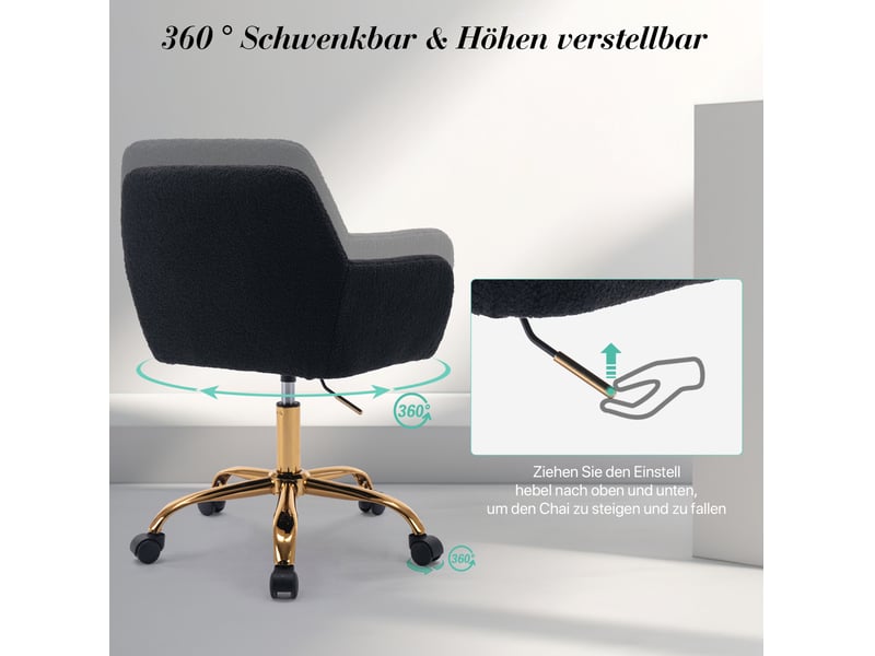  Chaise de salle à manger avec accoudoirs et dossier ajouré, pieds en acier doré, fausse fourrure noire  - Conforama E
