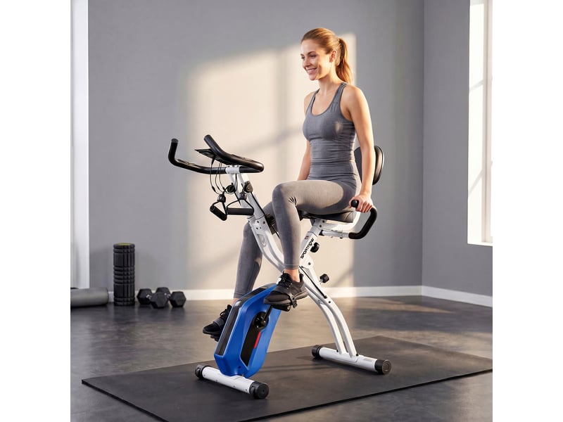  Vélo d'appartement pliable vélo de fitness 3 en 1 silencieux connecté kinomap bluetooth et zwift 105x53,5x109cm bleu  - Conforama D
