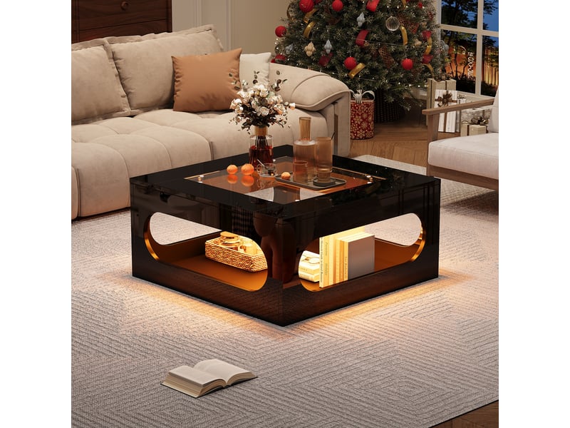  Table basse carrée 70x70x35 cm, table de salon led avec plateau en verre trempé, design creux, noir  - Conforama C