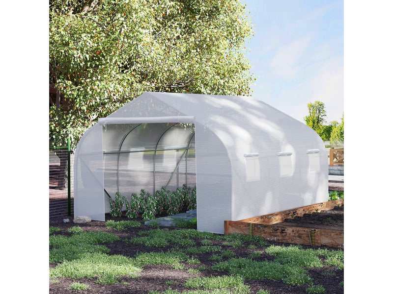  Serre tunnel de jardin 10,5 m² dim. 3,5l x 3l x 2h m porte + 6 fenêtres enroulables acier galvanisé bâche pe haute densité blanc  - Conforama D
