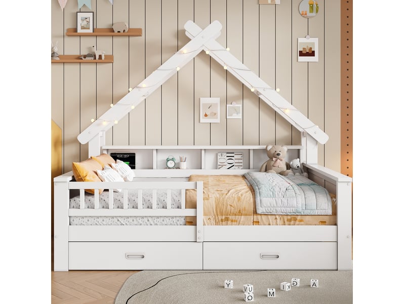  Lit enfant maison, 140x200 cm, cadre, rangements, lit 2 place avec led, matelas non inclus, mdf et bois, coloris blanc  - Conforama E