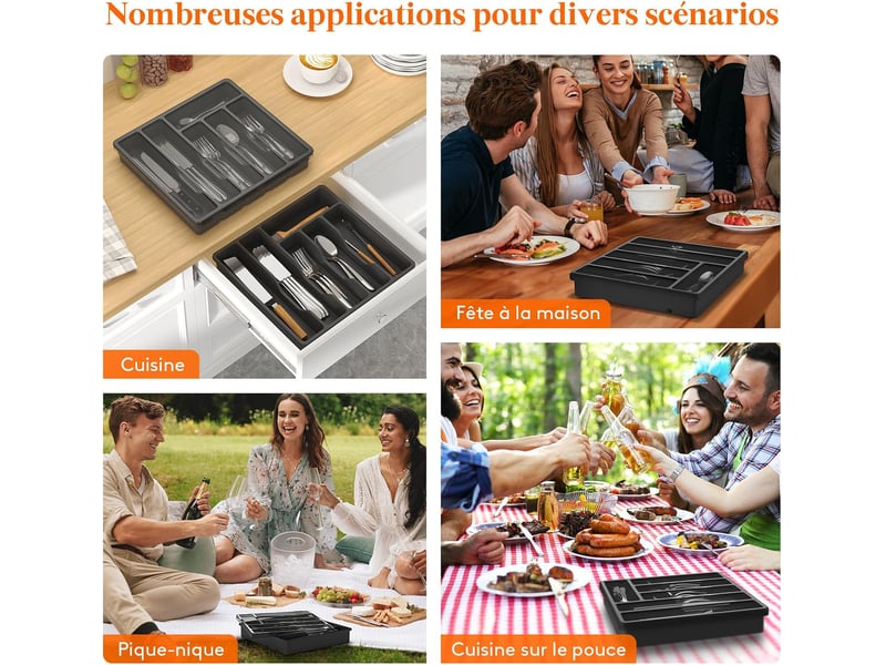 Range couverts pour tiroir avec couvercle, boîte de rangement couverts de cuisine, organisateur de couverts en plastique 6 compartiments, noir - Conforama E
