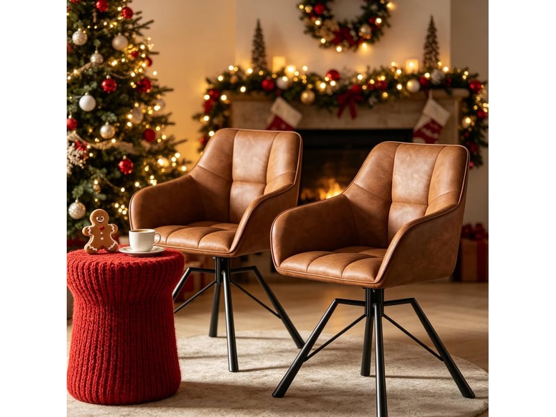  Lot de 2 chaises de salle à manger pivotantes à 360° en similicuir marron clair  - Conforama D