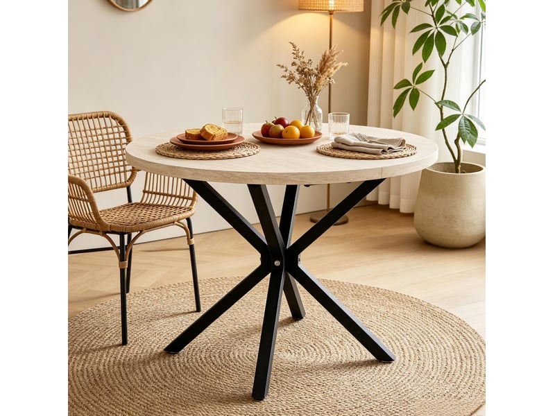  Table de salle à manger ronde 100 cm en mdf décor bois clair, piètement métal noir pour 4 à 6 convives  - Conforama B