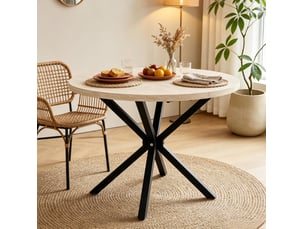 Table de salle à manger ronde 100 cm en mdf décor bois clair, piètement métal noir pour 4 à 6 convives