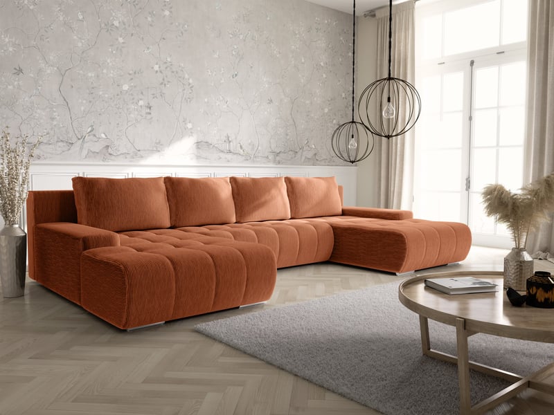 Canapé d'angle convertible velutti u velours côtelé poso orange, forme u avec coffre - Conforama B