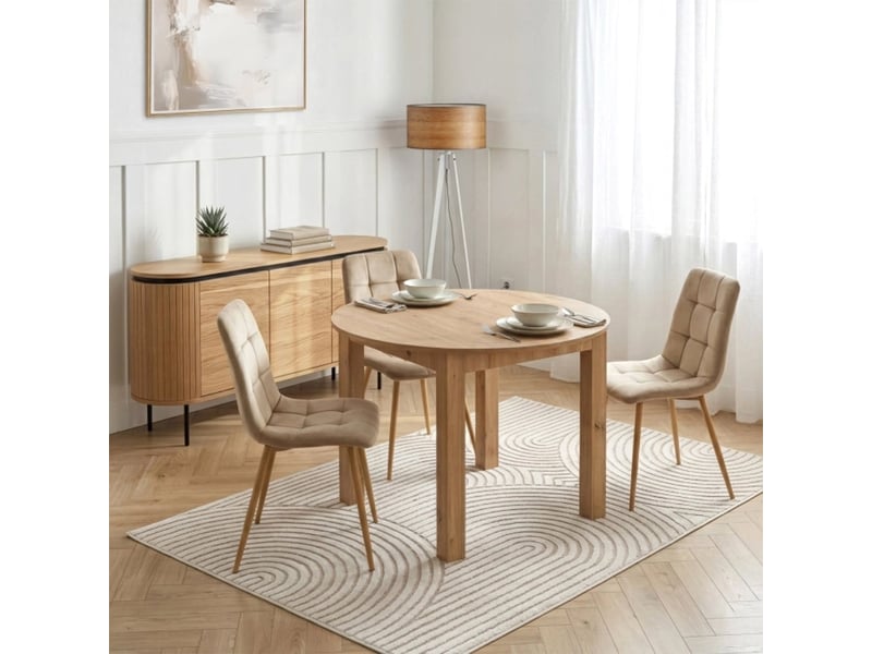  Table à manger ronde extensible couleur bois clair pieds métal noir  - Conforama D