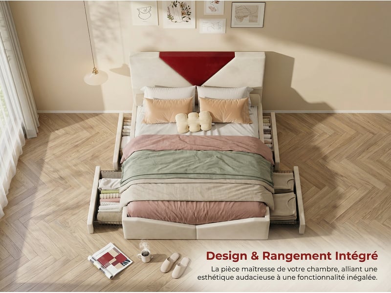  Lit 140x200 cm - rangement - lit coffre tissu - tête de lit 2 placese bicolore - sommier à lattes inclus  - Conforama D