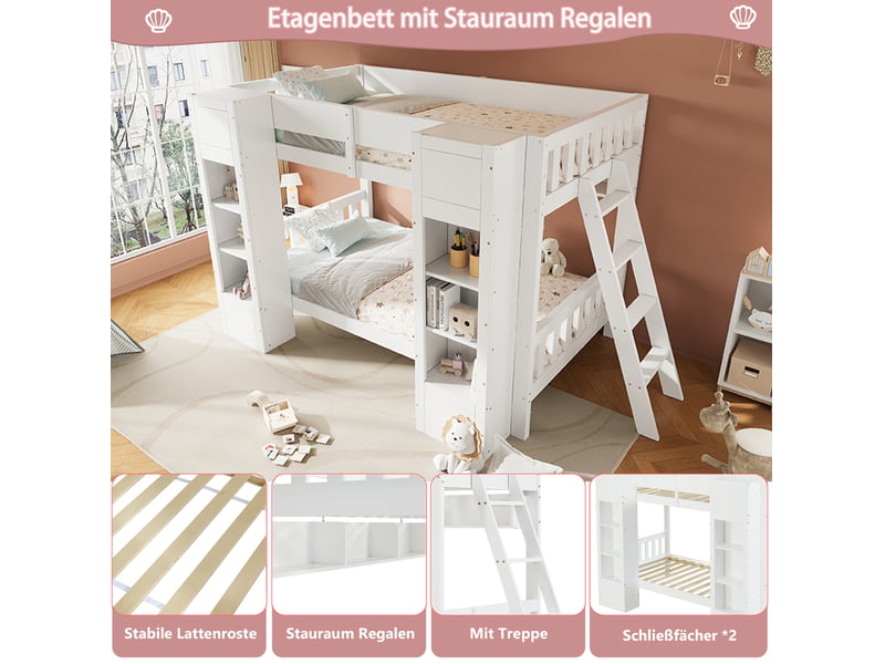  Lit superposé enfant 2x90x200 cm, avec matelas non inclus, 2 placards, échelle réversible, garde-corps, bois et mdf, blanc  - Conforama E