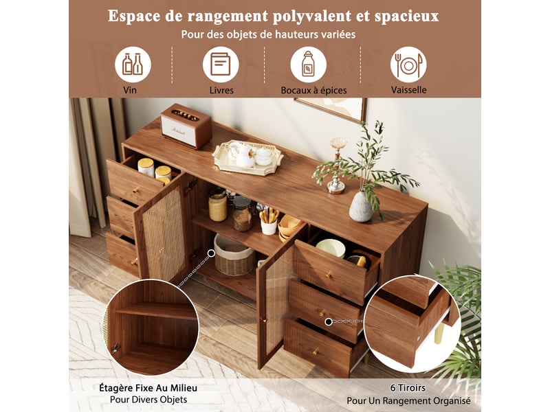  Buffet 160x40x90cm, armoire de rangement avec 2 portes en rotin pe, 6 tiroirs, meuble salon, meuble cuisine, mdf, naturel  - Conforama C