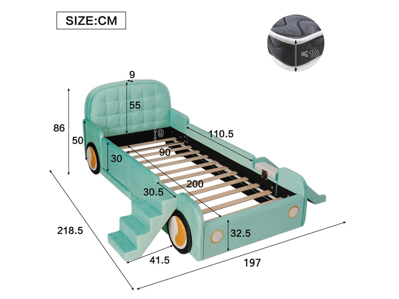  Lit enfant 90x200 cm avec toboggan et escalier, design voiture en velours bleu vert  - Conforama E