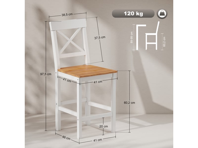  Ensemble de 2 tabourets de bar en pin avec repose-pieds et dossier, style champêtre, pour la cuisine ou le salon, aspect naturel.  - Conforama E