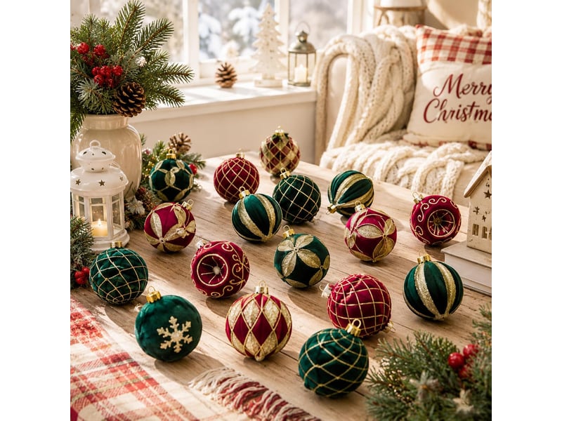  Lot de 16 boules de noël 8 cm, décorations suspendues pour sapin de noël, ornements de fête pour maison, vin et vert foncé  - Conforama C