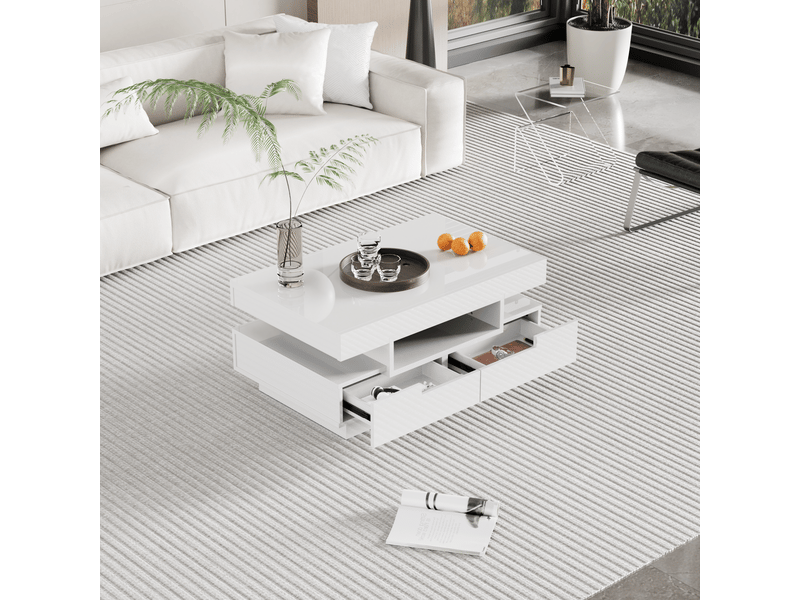  Table basse avec 4 tiroirs, niches et éclairage led pour salon 80×50×36 cm en panneaux de particules blanc  - Conforama C