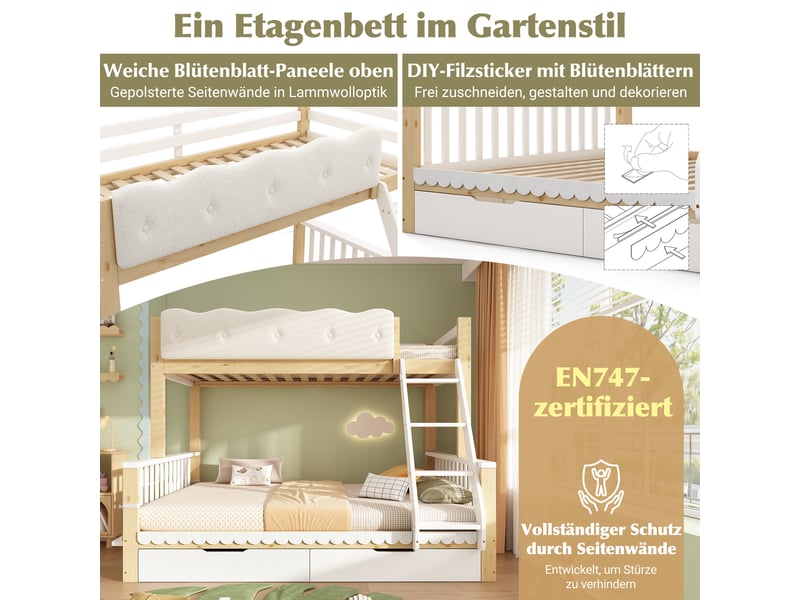 Lit superposé 90x200 et 140x200 avec barrière nuage, lit familial en bois pour enfants et adultes, tiroirs et porte-revues, blanc et chêne - Conforama D