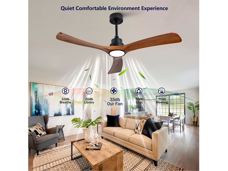 Ventilateur de plafond 132 cm éclairage led 3 pales bois massif noir et noyer foncé réversible 6 vitesses télécommande silencieux - Conforama D