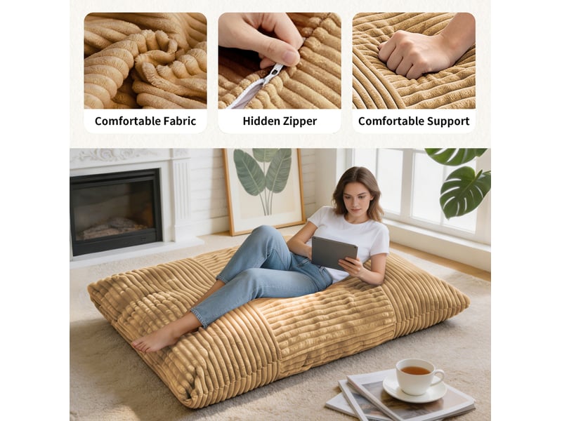  Grande fauteuil pouf convertible 180x125 cm pour la détente, sans assemblage, assise moelleuse, tissu côtelé jaune  - Conforama E