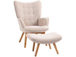 Fauteuil relax avec pouf et repose-pieds en velours côtelé, dossier haut et accoudoirs, beige