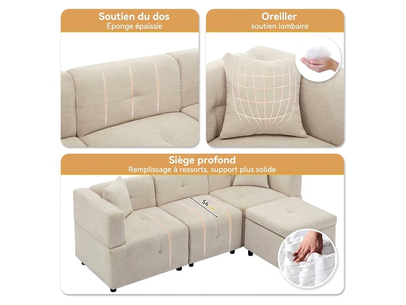 Canapé 3 places d'angle en l avec rangement - tissu chenille beige - pouf amovible et 2 coussins - Conforama E
