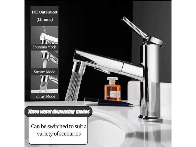 Robinet de salle de bain, trois modes d'eau (jet, jet, fontaine), pulvérisateur extractible (argent) - cc005315zls CC005315ZLS - Conforama C