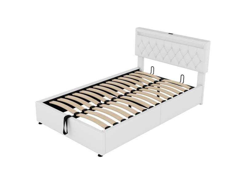  Lit plat capitonné 140x200 cm - tête de lit led réglable, usb, rangement, blanc  - Conforama A