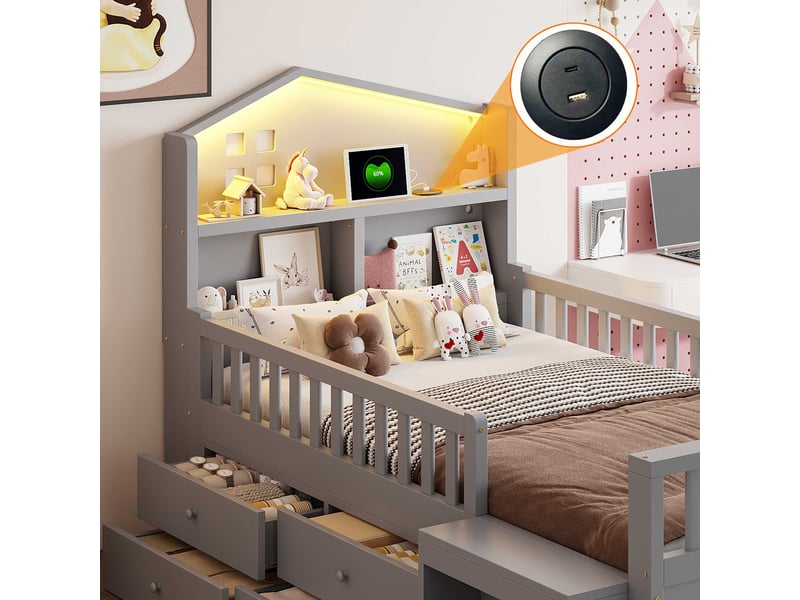  Lit enfant 90x200 cm avec rangement, 4 tiroirs et led, prises usb-c intégrées, structure en bois massif, gris  - Conforama E