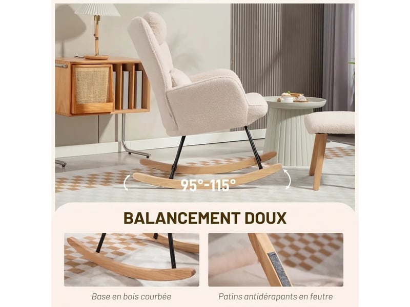  Fauteuil à bascule avec repose-pieds, fauteuil d'allaitement beige en polaire douce  - Conforama R