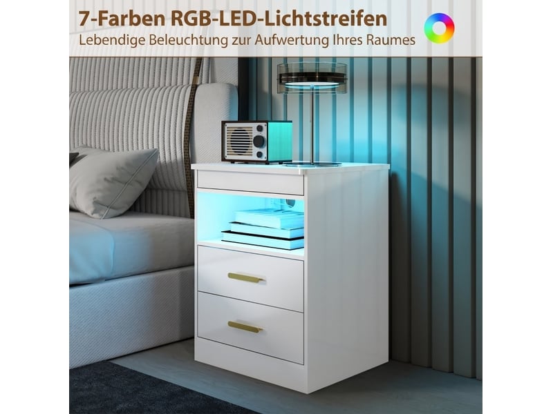  Table de chevet tcqpz 45 x 40 x 59 cm avec station de charge rgb led 2 tiroirs blanc brillant  - Conforama E