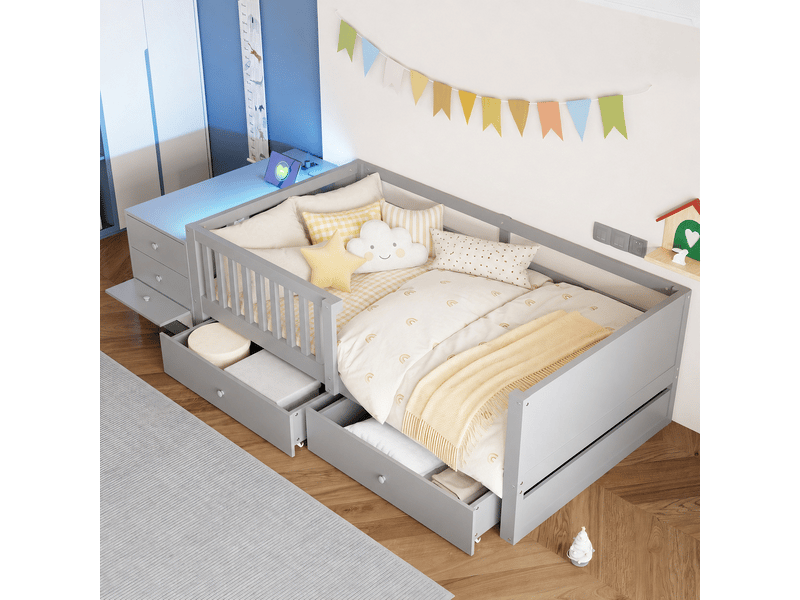  Lit combiné enfant 90x200cm - lit multifonction avec bureau, prises électriques, led, 2 tiroirs de rangement, étagères et barrière, gris evarich - Conforama E