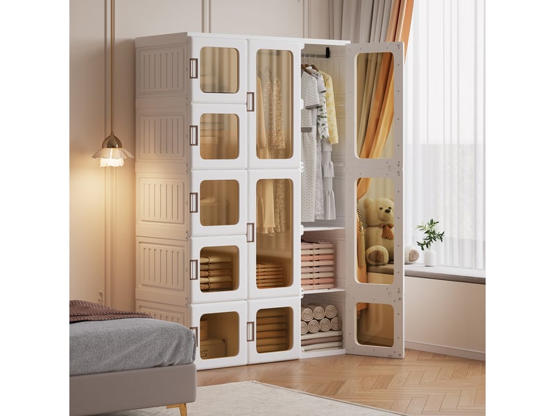 Armoire portable pliable, 15 cubes 11 portes 2 tringles, avec portes transparentes, 104x50x170 cm, corps en matériau pp, rangement chambre, blanc, plastique pp pet 12 cubes 8 portes 2 penderies, blanc - Conforama W